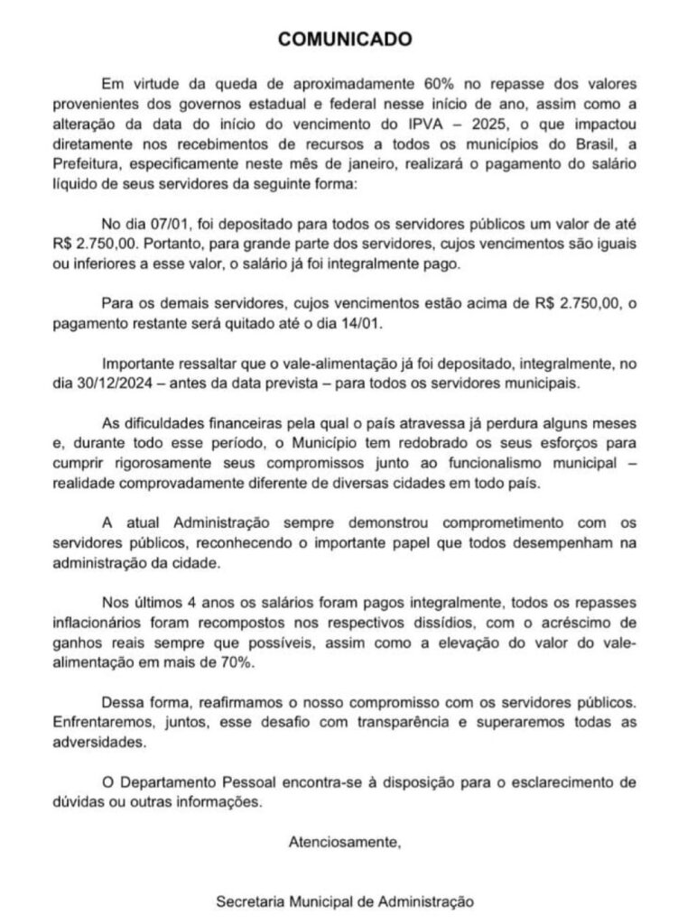 Comonicado-751x1024 Salários Parcelados: Crise Financeira Atinge Santa Bárbara d'Oeste