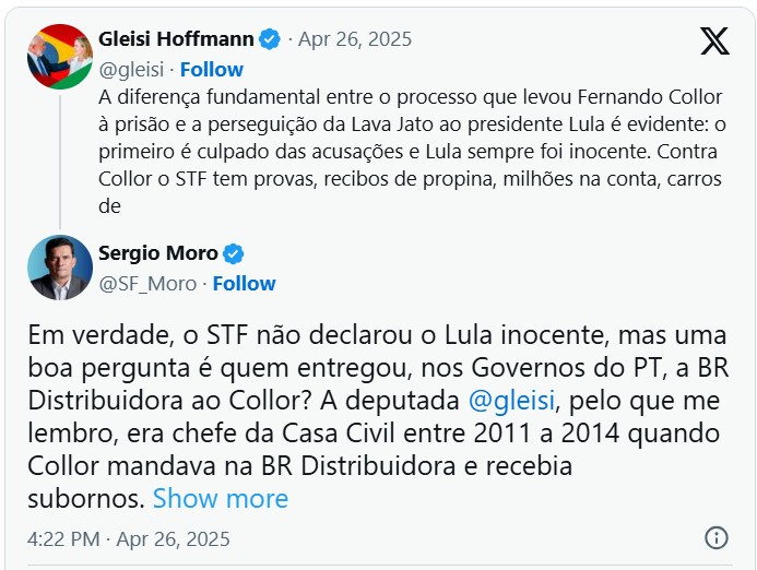 gleise-e-moro-1 Gleisi Hoffmann rebate críticas de Moro e defende postura do STF em caso Collor