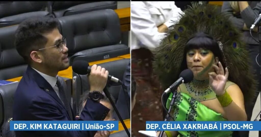 Kim-E-Celia-1024x536 Célia Xakriabá chama Kim Kataguiri de “estrangeiro” e “reborn”; Kim reage com “cosplay de pavão” e plenário vira reality show