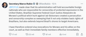 Post-Rubio-300x131 EUA revogam vistos de ministros do STF em ação liderada por Marco Rubio