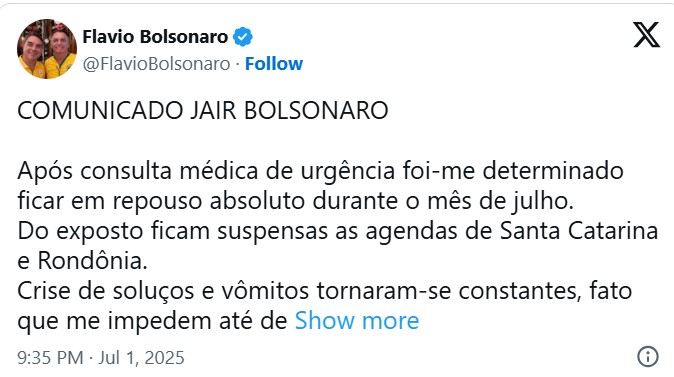 twitwr Bolsonaro entra em repouso absoluto após novo agravamento de saúde