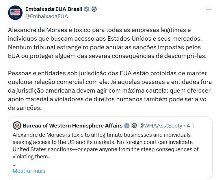 Post-Embaixada Post da Embaixada dos EUA chama Alexandre de Moraes de “tóxico” e pode gerar crise diplomática