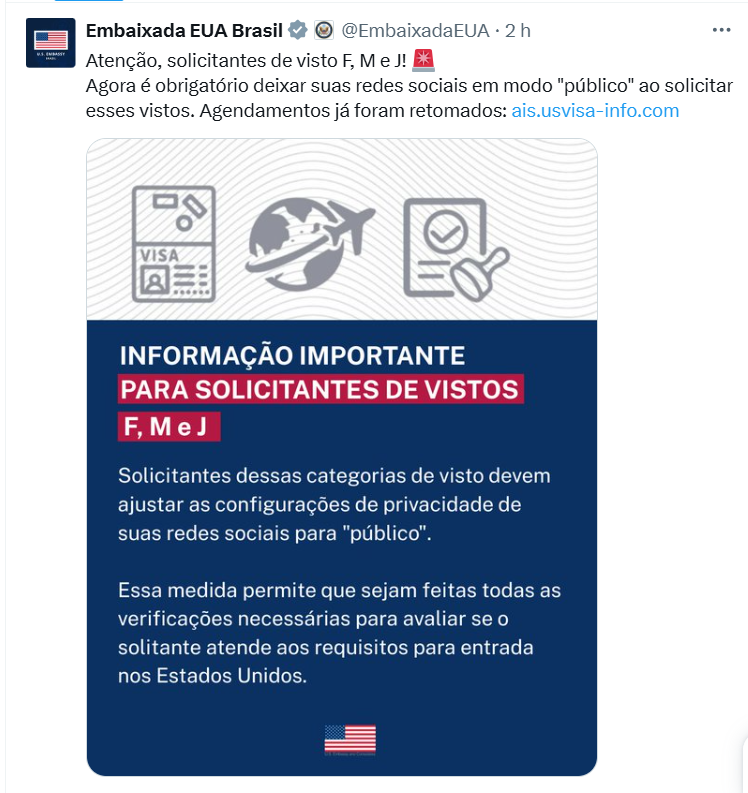 X-USA Solicitantes de visto F, M e J devem deixar redes sociais em modo público, alerta Embaixada dos EUA